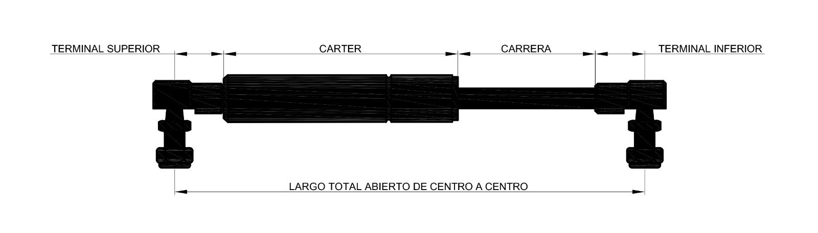 Diagrama técnico del resorte a gas con sus dimensiones